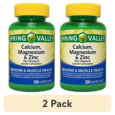 (2 pack) Spring Valley Calcium, Magnesium & Zinc Plus Vitamin D3 Coated Caplets, 250 Count