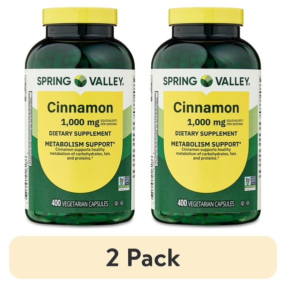 (2 pack) Spring Valley Cinnamon Dietary Supplement Vegetarian Capsules for Metabolism Support, 1000 mg, 400 Count