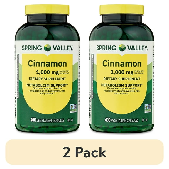 (2 pack) Spring Valley Cinnamon Dietary Supplement Vegetarian Capsules for Metabolism Support, 1000 mg, 400 Count