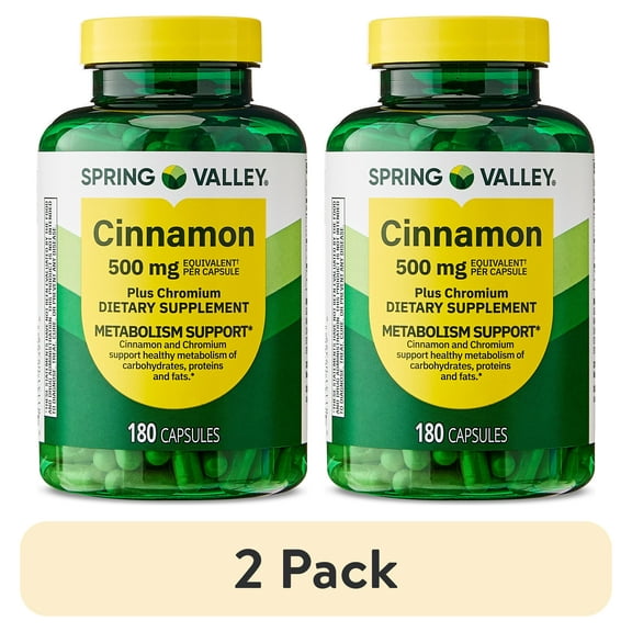 (2 pack) Spring Valley Cinnamon Plus Chromium Metabolism Support Dietary Supplement Capsules, 500 mg, 180 Count