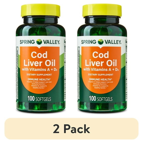 (2 pack) Spring Valley Cod Liver Oil Plus Vitamins A & D3 Dietary Supplement, 100 Count