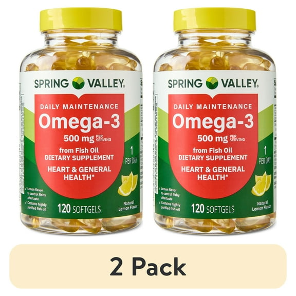 (2 pack) Spring Valley Daily Maintenance Omega-3 From Fish Oil Dietary Supplement Softgels for General & Heart Health, Lemon Flavor, 500 mg, 120 Count