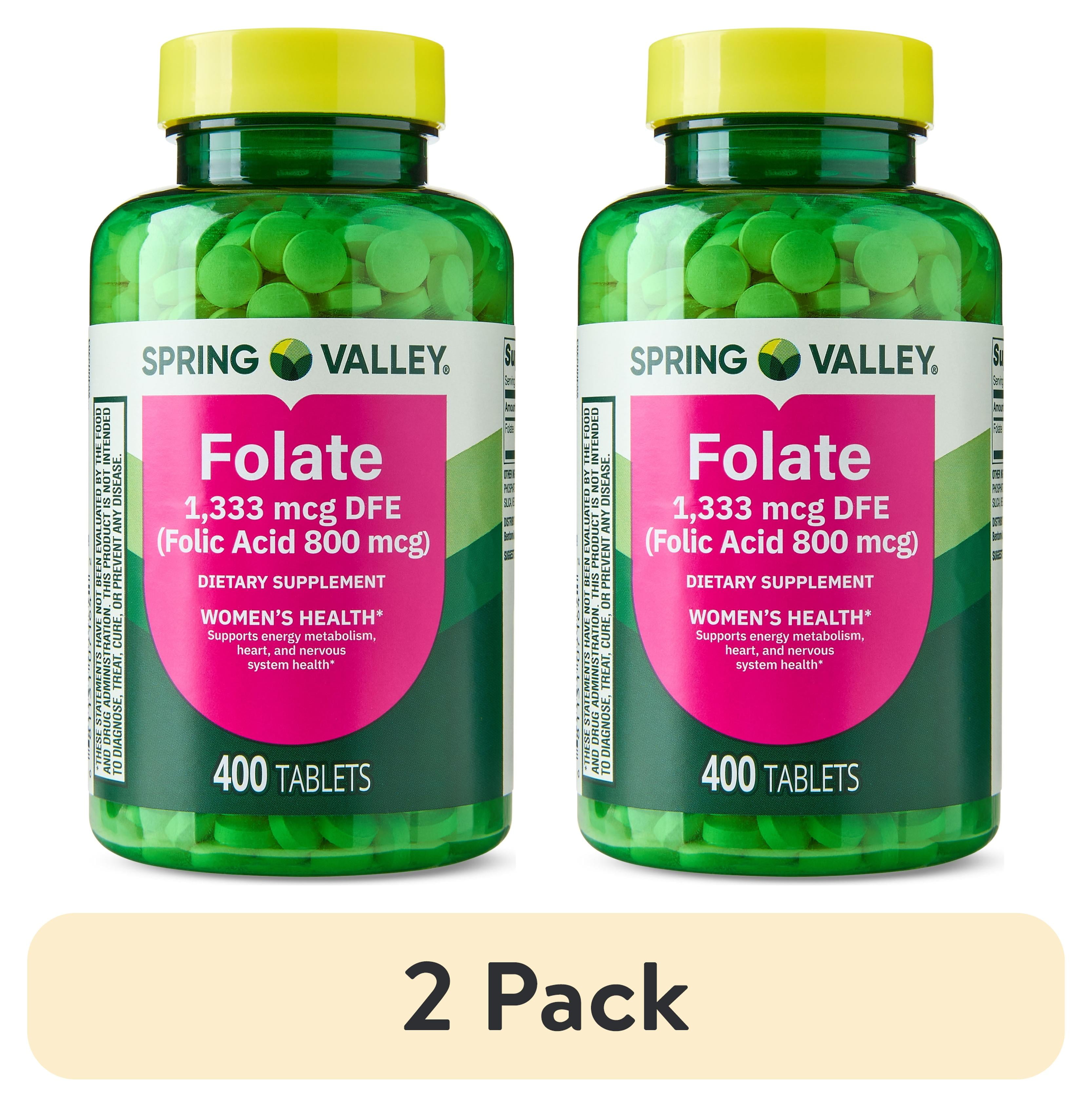 (2 pack) Spring Valley Folate Dietary Supplement Tablets for Women's Health, 1,333 mcg DFE, 400 Count