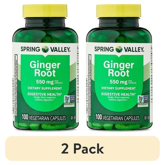 (2 pack) Spring Valley Ginger Root Dietary Supplement Capsules for Digestive Health, 550 mg, 100 Count