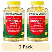 2 pack Spring Valley Maximum Care Omega-3 from Fish Oil Dietary Supplement Softgels for Eye Brain Bone & Heart Health, 2000 mg, 120 Count