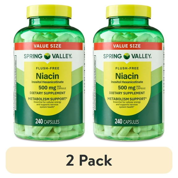 (2 pack) Spring Valley Flush Free Niacin Dietary Supplement Capsules for Metabolism Support, 500 mg, 240 Count