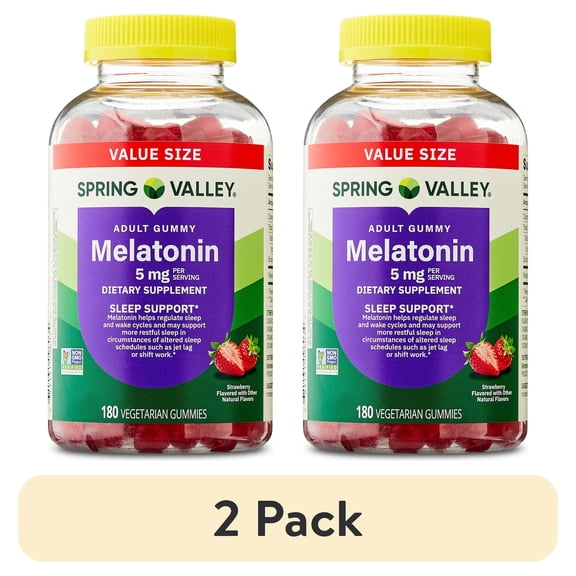 (2 pack) Spring Valley Non GMO Melatonin Sleep Support Dietary Supplement Gummies, Strawberry, 5 mg, 180 Count