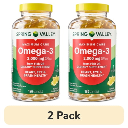 (2 pack) Spring Valley Omega-3 Fish Oil Brain & Heart Health Dietary Supplement Softgels, 2000 mg, 180 Count