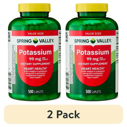 (2 pack) Spring Valley Potassium Dietary Supplement Caplets for Heart Health, 99 mg, 500 Count Value Size