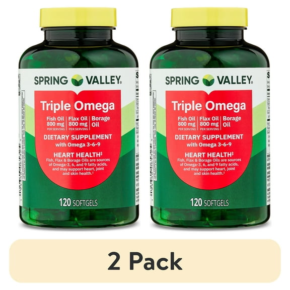 (2 pack) Spring Valley Triple Omega, Fish Oil 800mg, Flax Oil 800mg, and Borage Oil Softgels, Heart Health Dietary Supplement, 120 Count