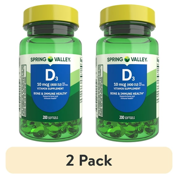 (2 pack) Spring Valley Vitamin D3 Softgels,10 mcg (400 IU), 200 Count, Supplement for Bone and Immune Health