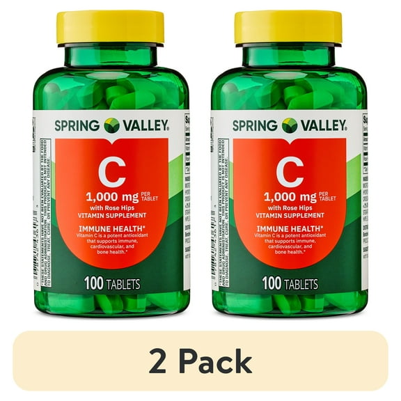 (2 pack) Spring Valley Vitamin С with Rose Hips Dietary Supplement Tablets for Immune Health, 1000 mg, 100 Count