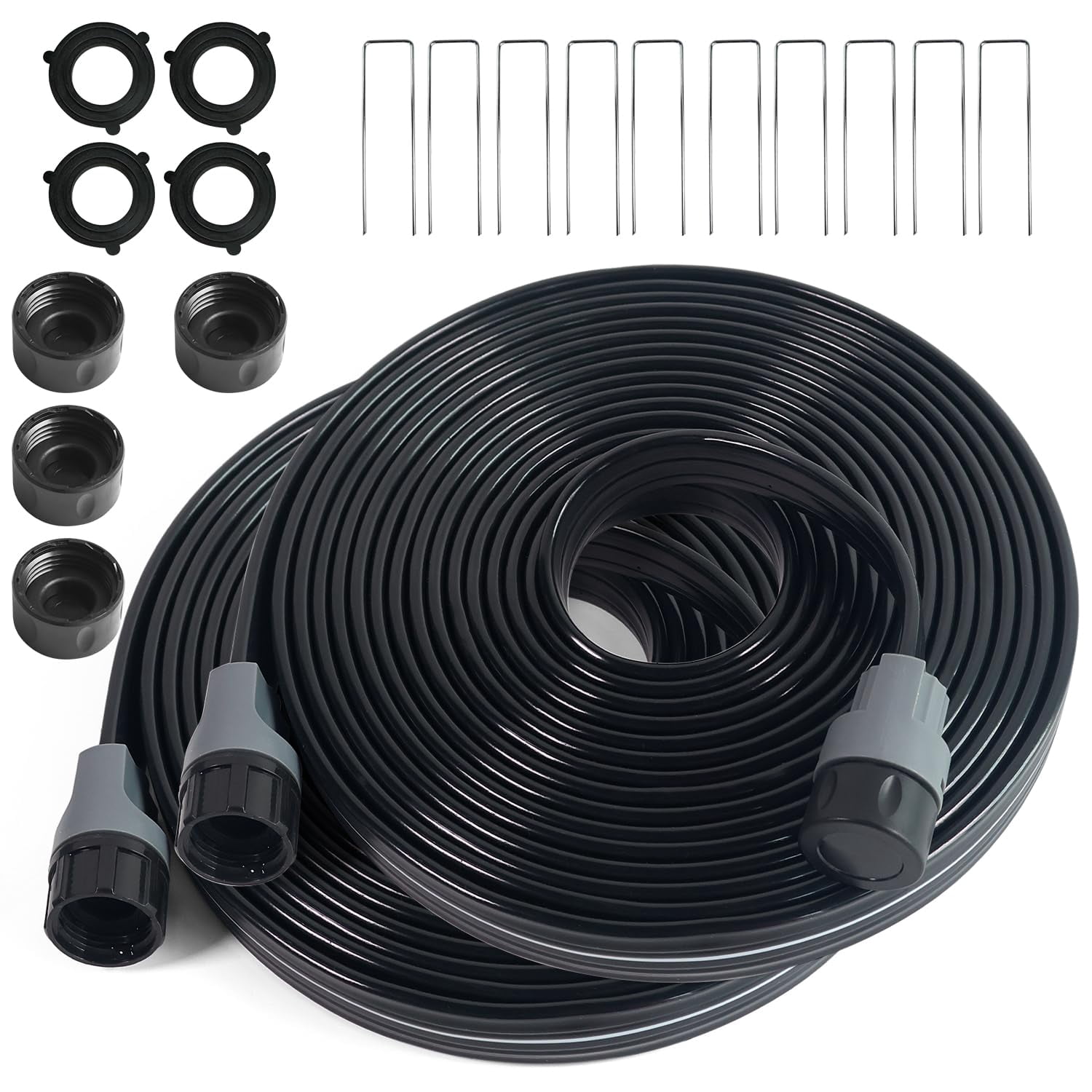 2-pack Sprinkler Hose With Holes 15 Ft  Flat Soaker 30 Garden Staples Drip Irrigation Hoses For Lawn Watering System (black 30 Ft(15ftx2pack))