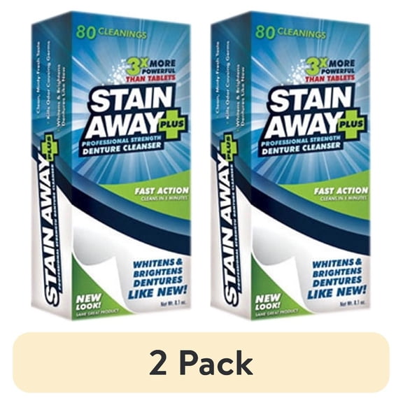 (2 pack) Stain Away Plus Antibacterial Denture Cleanser, 5-Minute Fast Action Whitening Formula, 80 Cleanings, 8.1 oz