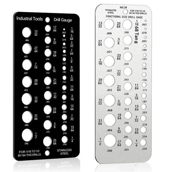 2 pack Stainless Steel Drill Gauge - 29-Holes Standard Metric Size, 1/16 Inch to 1/2 Inch Drill Bit Index, 1pc Black + 1pc Silver