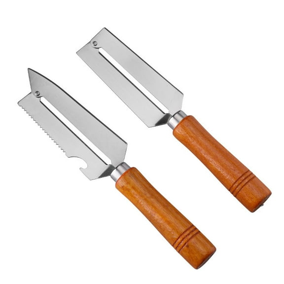 2 pack Stainless Steel Pineapple Knife Peeler Fruit Sugar Cane Paring Tool Easy Peel Wooden Handle Multi-function Kitchen Tool