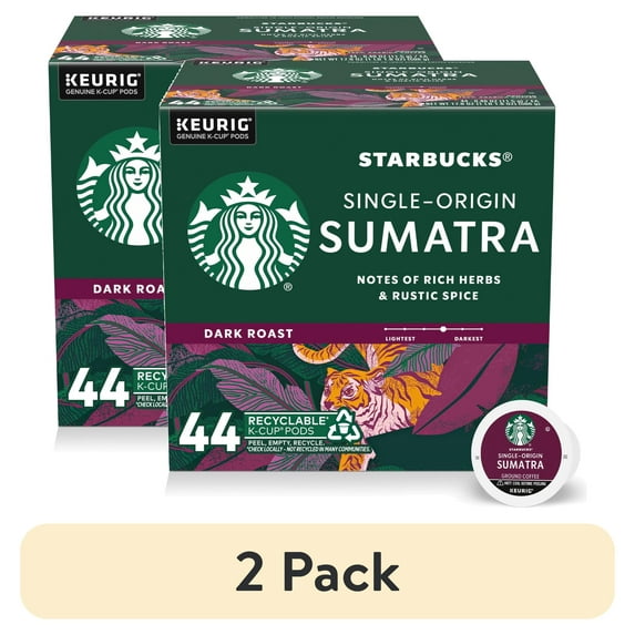 (2 pack) Starbucks Sumatra, Hot or Iced Coffee, Dark Roast K-Cup Coffee Pods, 44 Count