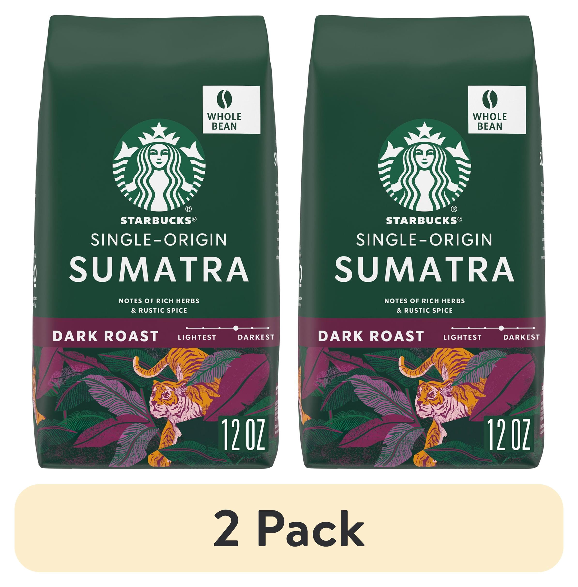 (2 pack) Starbucks Single-Origin Sumatra, Whole Coffee Beans, Dark Roast Hot or Iced Coffee, 12 oz