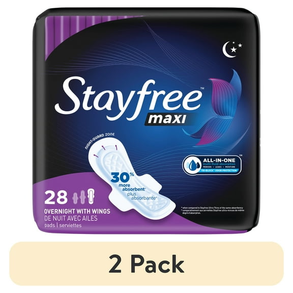 (2 pack) Stayfree Maxi Pads with Wings, Unscented, Overnight, 28 Ct