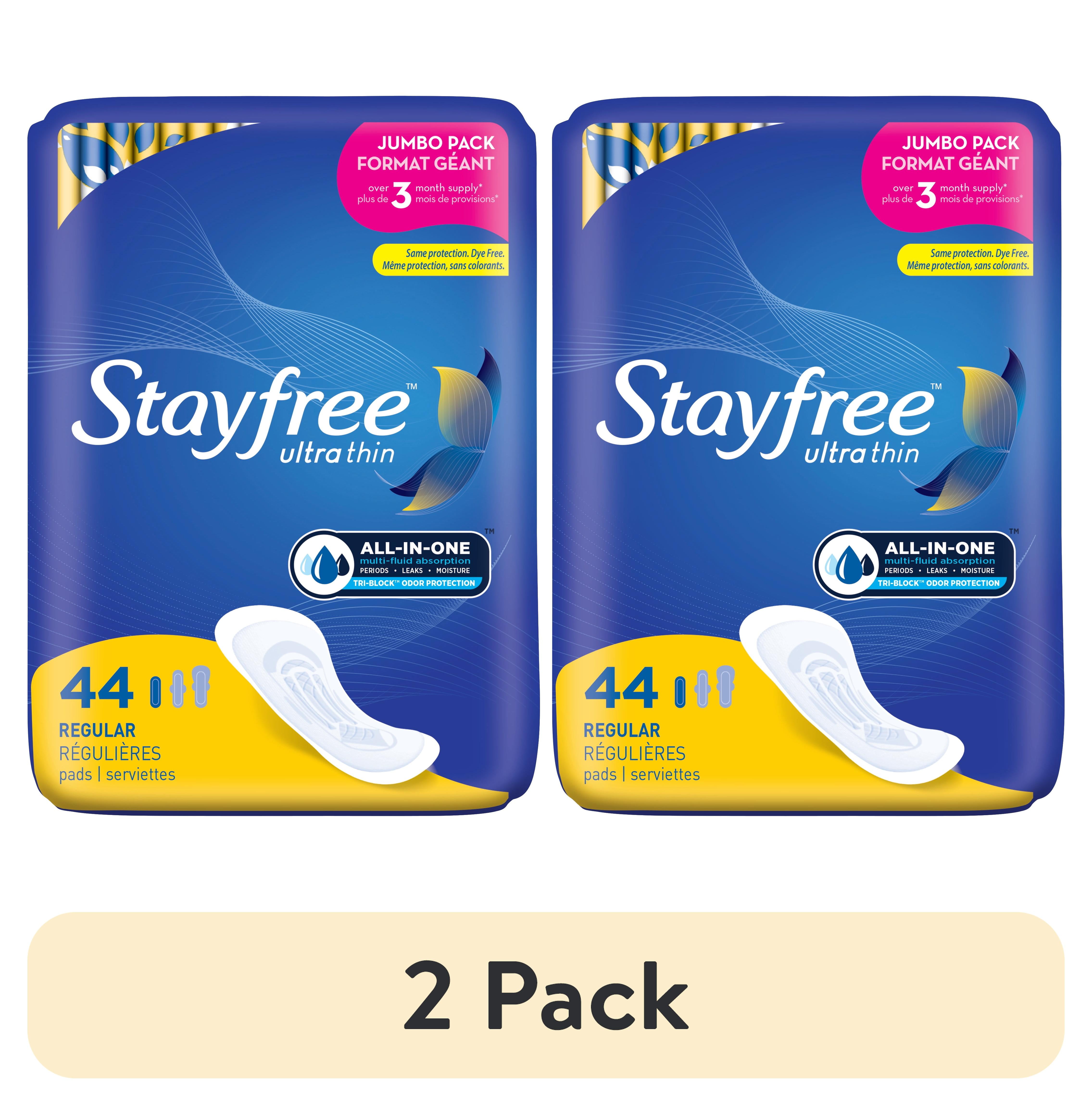 (2 pack) Stayfree Ultra Thin Pads without Wings, Regular Absorbency, (44 Count)