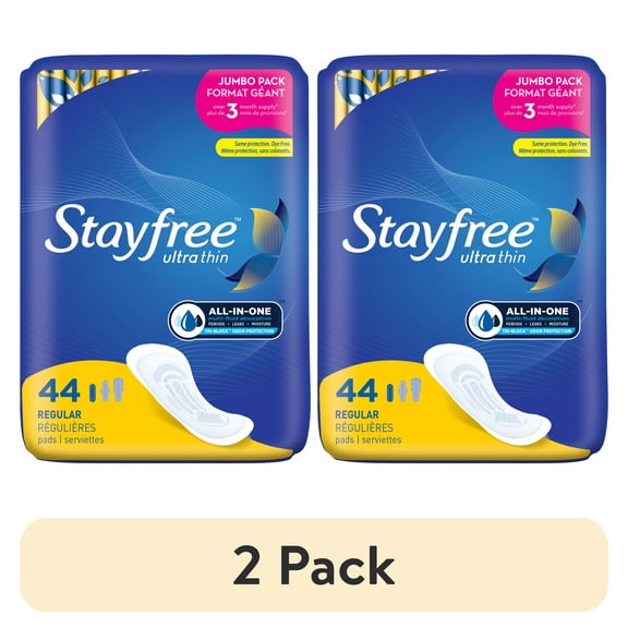 (2 pack) Stayfree Ultra Thin Pads without Wings, Regular Absorbency, (44 Count)