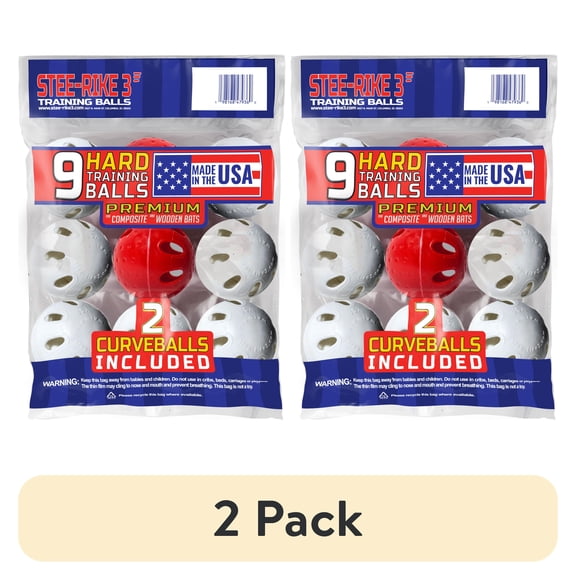 (2 pack) Stee-Rike 3 Hard Practice Baseballs, 9 Pack, White & Red Curve Balls, for Batting & Baseball Training