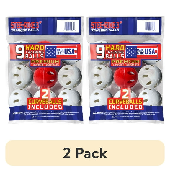 (2 pack) Stee-Rike 3 Premium Plastic Hard Training Baseballs, White & Red, 9 pack