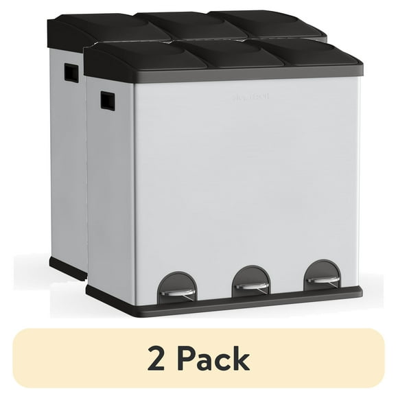 (2 pack) Step N' Sort 3-Compartment Stainless Steel Kitchen Trash and Recycling Bin, 16 gal