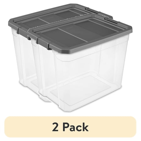 (2 pack) Sterilite 108 Quart Extra-Large Stackable Storage Bin, Clear Plastic Storage Container with Latch Lid, Dark Gray