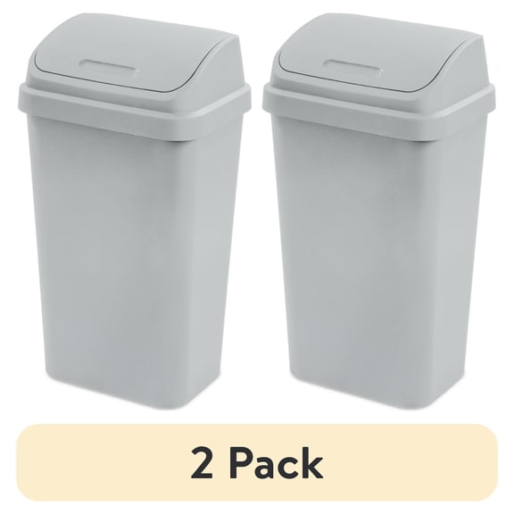 (2 pack) Sterilite Kitchen Trash Can, 13 Gallon Plastic Garbage Bin with Swing Top Lid, Light Gray