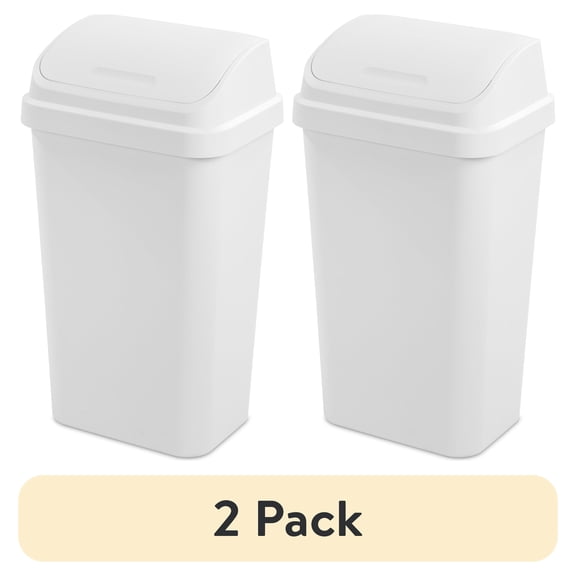 (2 pack) Sterilite Kitchen Trash Can, 13 Gallon Plastic Garbage Bin with Swing Top Lid, White