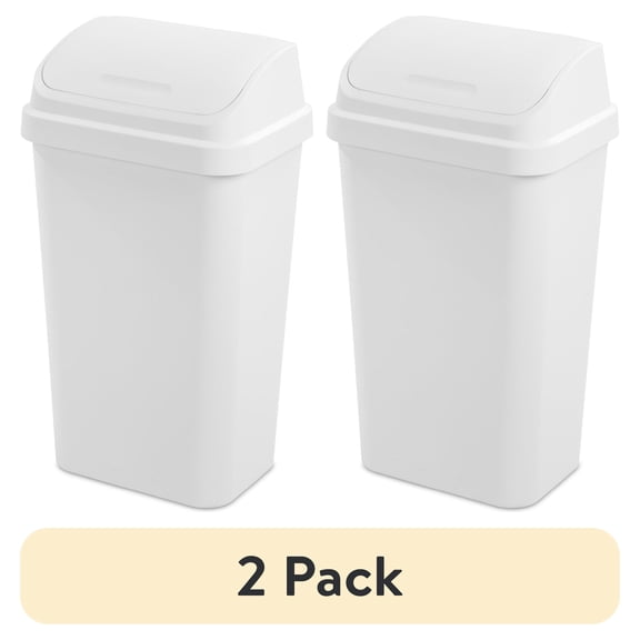 (2 pack) Sterilite Kitchen Trash Can, 13 Gallon Plastic Garbage Bin with Swing Top Lid, White