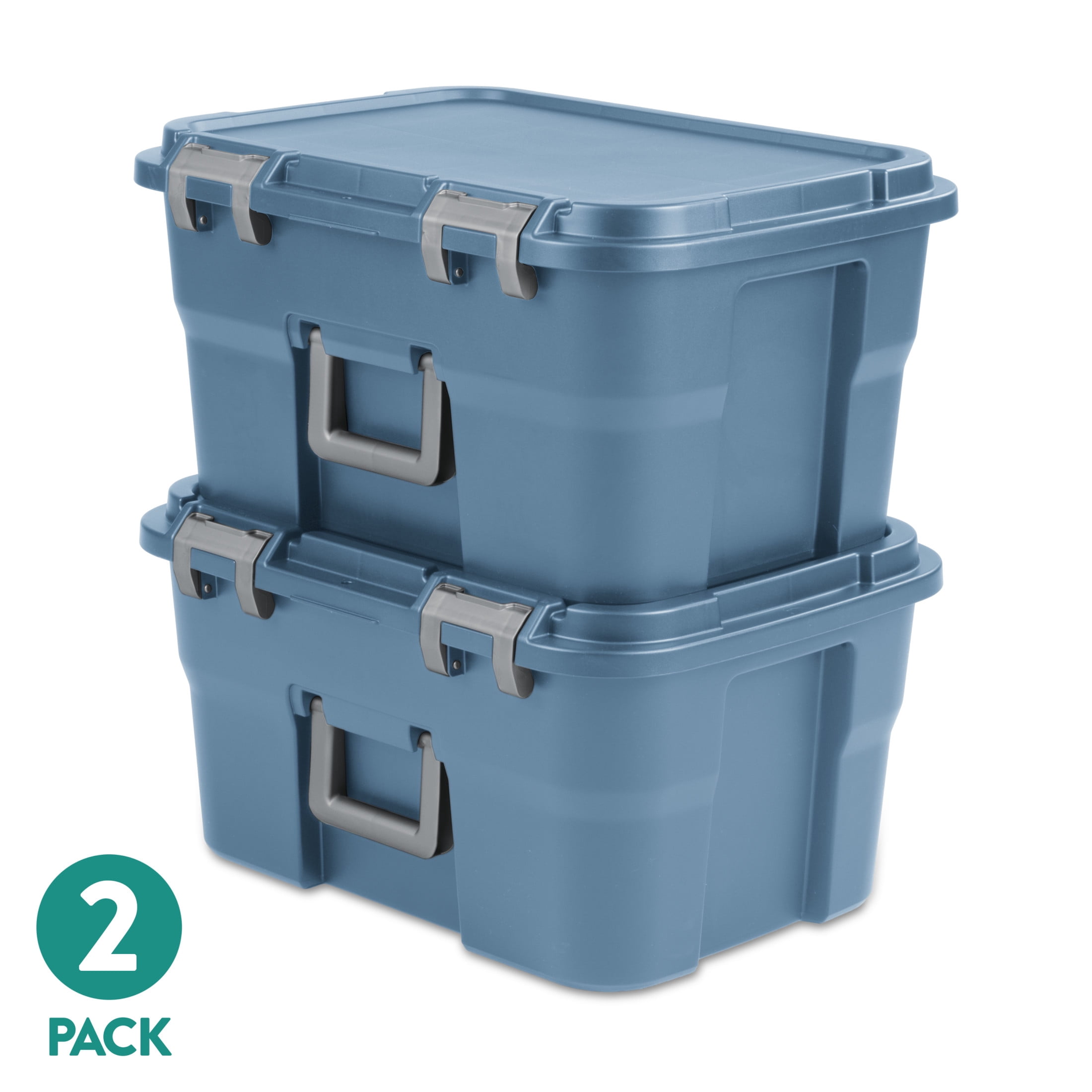 (2 pack) (2 pack) Sterilite 14 Gallon Footlocker Storage Bin, Heavy Duty Plastic Storage Trunk Container, Lockable with Handle, Blue