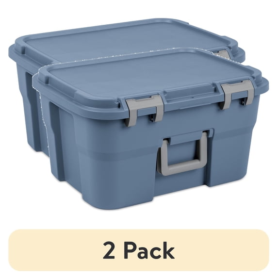 (2 pack) Sterilite 14 Gallon Footlocker Storage Bin, Heavy Duty Plastic Storage Trunk Container, Lockable with Handle, Blue