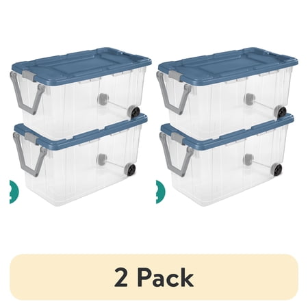 (2 pack) Sterilite Extra-Large Wheeled Rugged Storage Bin, 160 Quart Durable Clear Storage Container with Latching Lid and Pull Handle, Blue, 2 Pack