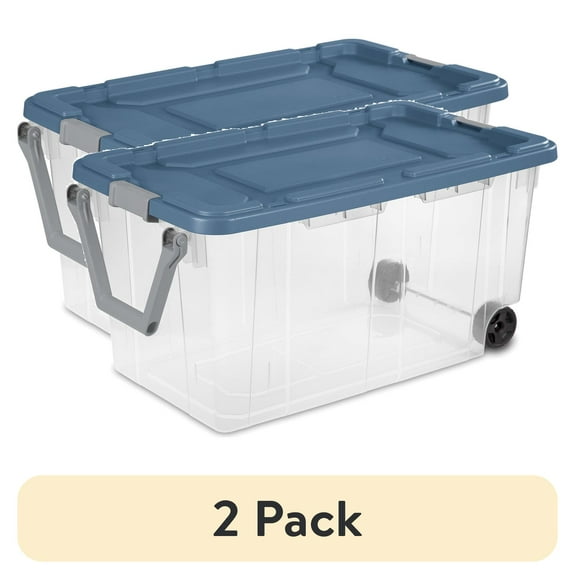 (2 pack) Sterilite 160 Quart Wheeled Storage Box, Extra Large Durable Clear Plastic Bin, Latch Lid, Blue, 2 Count