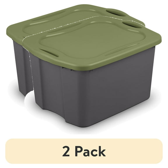 (2 pack) Sterilite Large EZ Carry Storage Bin, 17.5 Gallon Plastic Storage Tote with Full-Grip Handles, Gray/Green