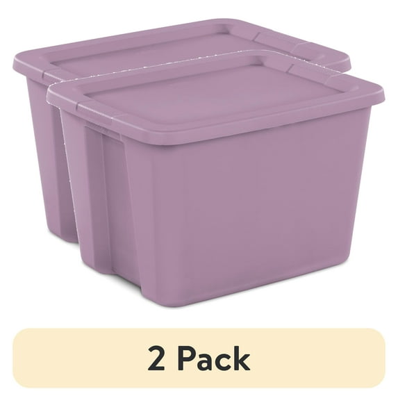 (2 pack) Sterilite 18 Gallon Tote, Plastic Storage Bin with Snap-on Lid, Purple
