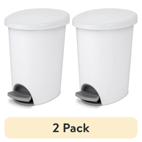 (2 pack) Sterilite Small Bathroom Trash Can, 2.6 Gallon Plastic Garbage Bucket Bin with Step Lid, White