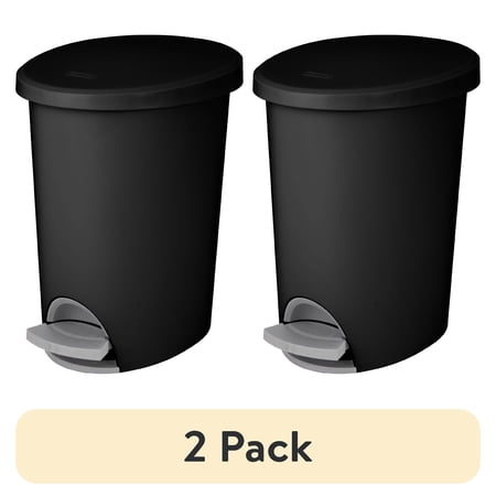 (2 pack) Sterilite Small Bathroom Trash Can, 2.6 Gallon Plastic Garbage Bucket Bin with Step Lid, Black