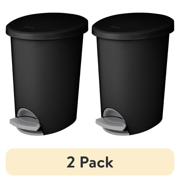 (2 pack) Sterilite Small Bathroom Trash Can, 2.6 Gallon Plastic Garbage Bucket Bin with Step Lid, Black