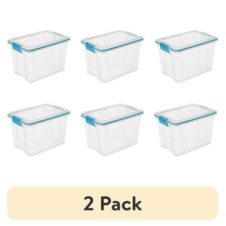 (2 pack) Sterilite Small Gasket Box, 20 Quart Clear Weather-Resistant Plastic Storage Bin with Gasket Seal and Latch Lid, Blue, 6 Pack