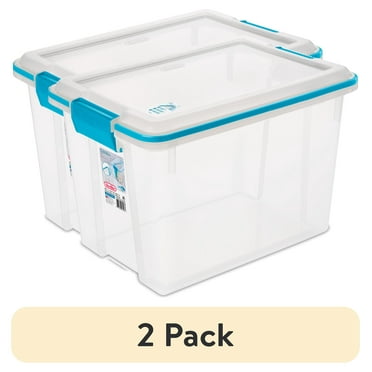 (2 pack) Sterilite Small Storage Bin, 20 Quart Clear Plastic Storage Container with Gasket Lid, Blue