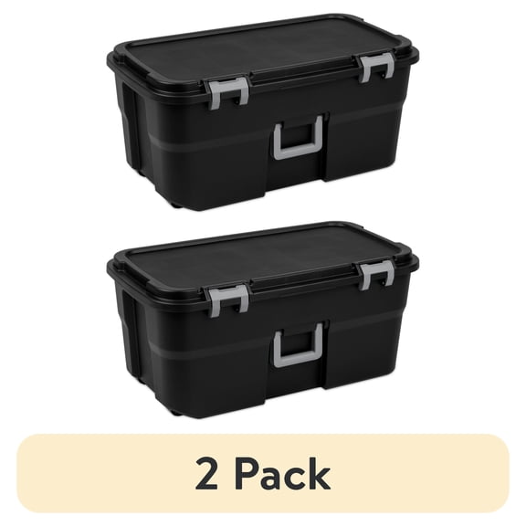 (2 pack) Sterilite 22 Gallon Large Wheeled Footlocker, Heavy Duty Plastic Storage Trunk Container, Lockable with Wheels and Handle, Black