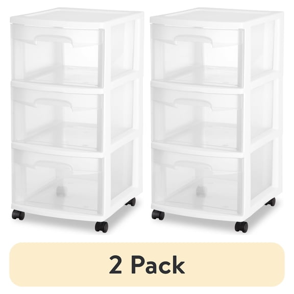 (2 pack) Sterilite 3 Drawer Medium Cart, Clear Plastic Storage Drawers, Wheels Included, White