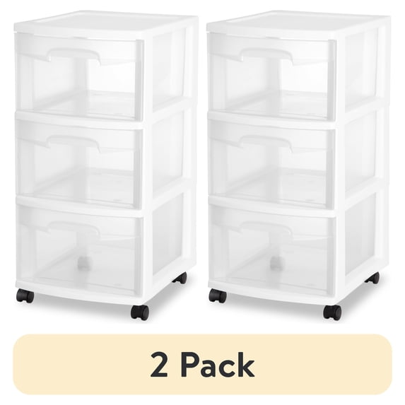 (2 pack) Sterilite 3 Drawer Medium Cart, Clear Plastic Storage Drawers, Wheels Included, White