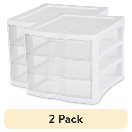 (2 pack) Sterilite 3 Drawer Unit, Countertop and Desktop Organizer with Clear Storage Drawers, White