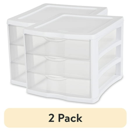 (2 pack) Sterilite 3 Drawer Unit, Clear Plastic Countertop or Desktop Storage Drawers, White