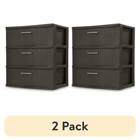 (2 pack) Sterilite 3 Drawer Wide Weave Tower, Plastic Décor Drawers with Pull Handles, Brown