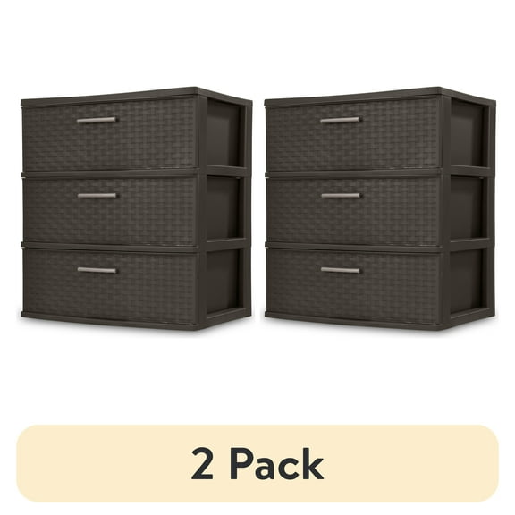 (2 pack) Sterilite 3 Drawer Wide Weave Tower, Plastic Décor Drawers with Pull Handles, Brown